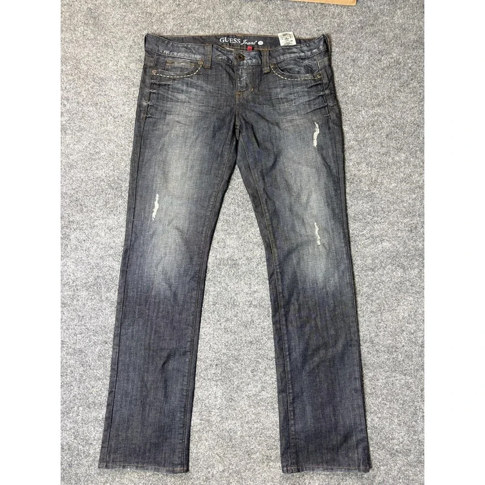 GUESS Jeans Mens 31x33 Blue Straight Regular Fit Distressed Denim Casual